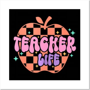 Teacher Life Retro Groovy Apple Teacher Appreciation Posters and Art